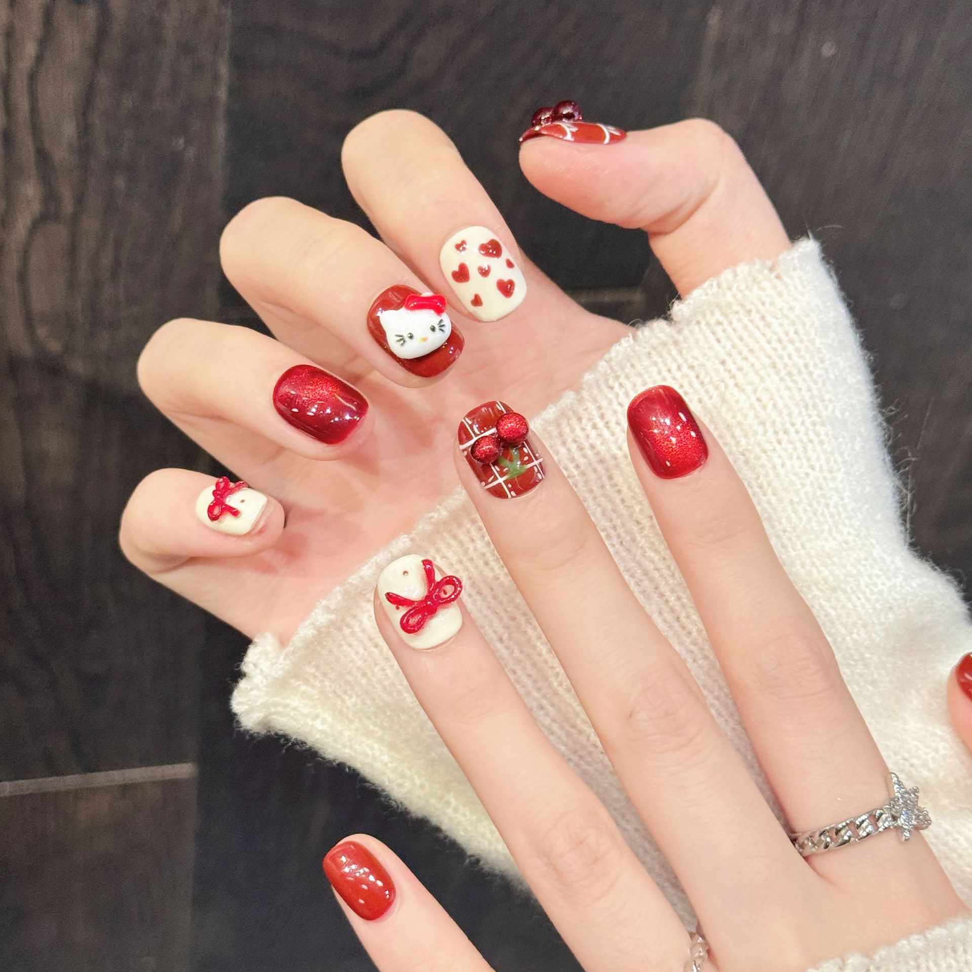 Nail Art Red - 10PCS Handmade Nail Art Red White