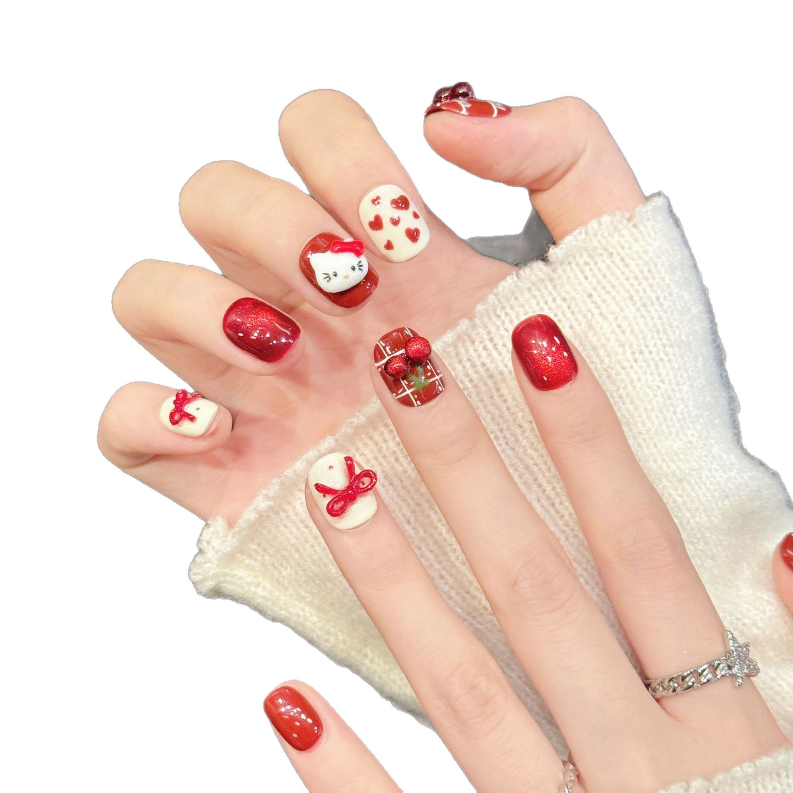 10PCS Handmade Nail Art Red Wh - Nail Art Red 评论和价格
