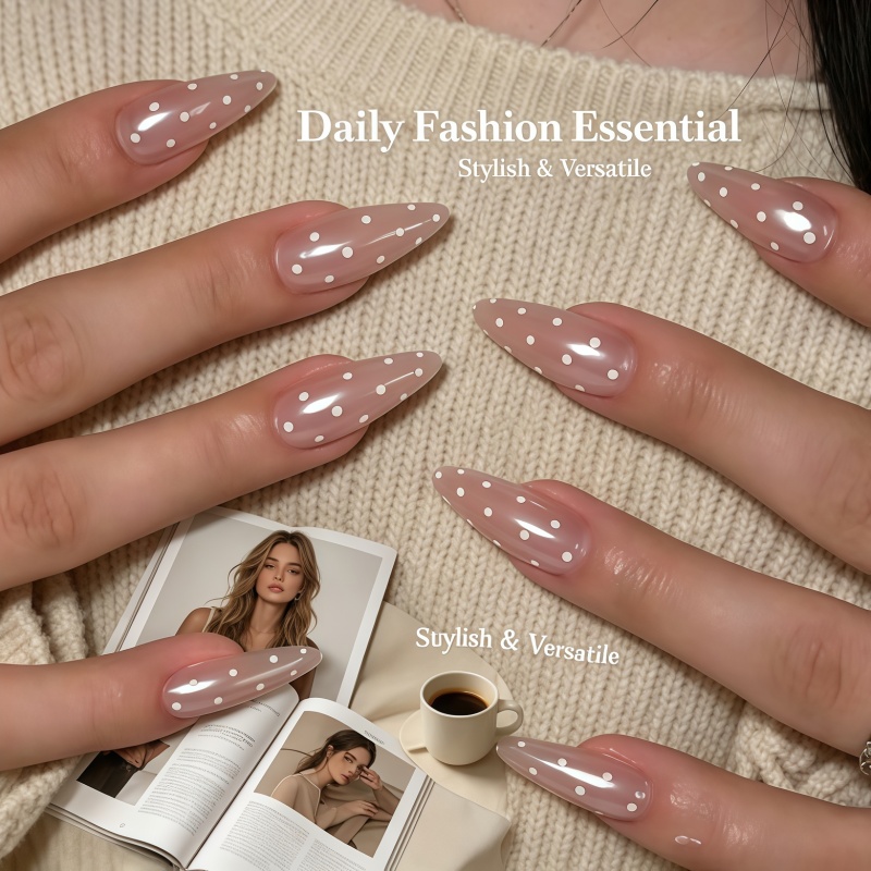 24PCS Shiny nude white polka d - Nail Art Simple Elegant 评论和价格