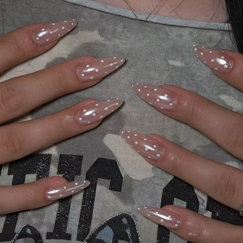 24PCS Shiny nude white polka d - Nail Art Simple Elegant 评论和价格