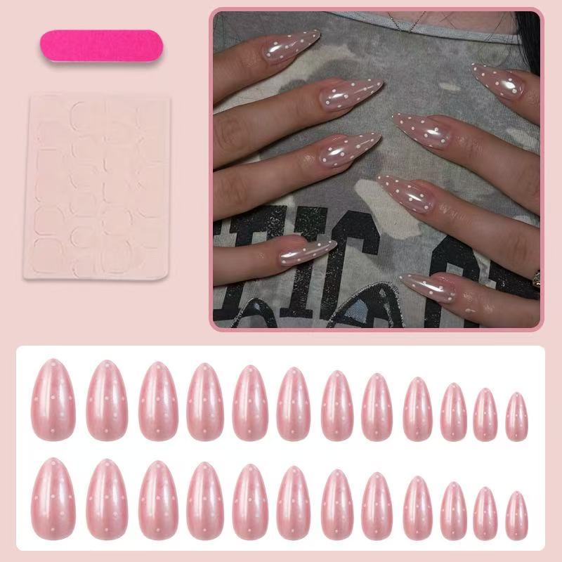 24PCS Shiny nude white polka d - Nail Art Simple Elegant 评论和价格